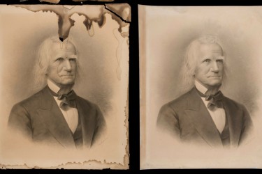 Water-damaged portrait before and after