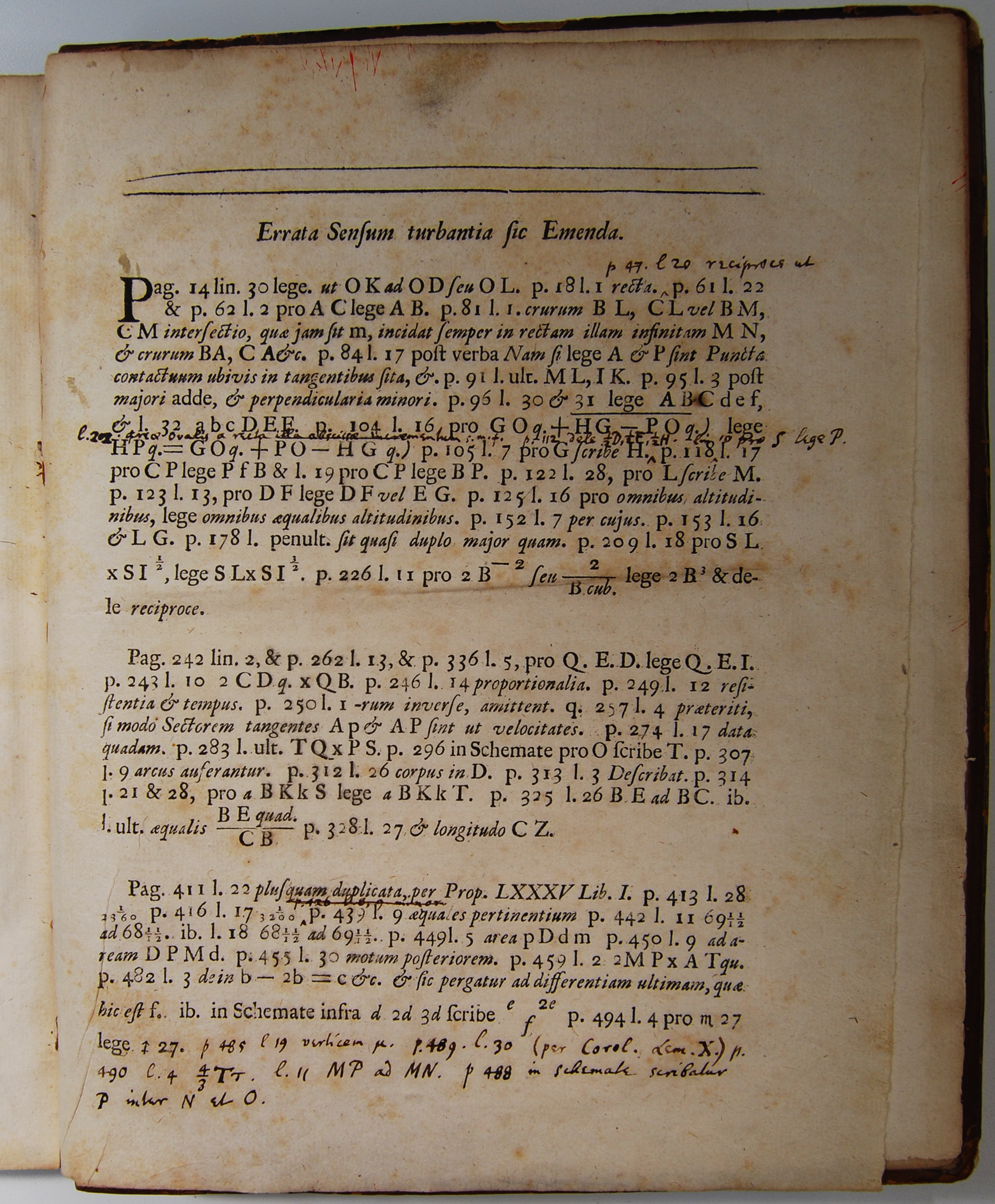 Isaac Newton's handwritten errata page