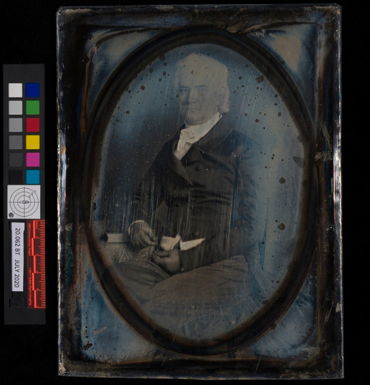 Before-treatment reference photo of a daguerreotype portrait of George Mifflin Dallas