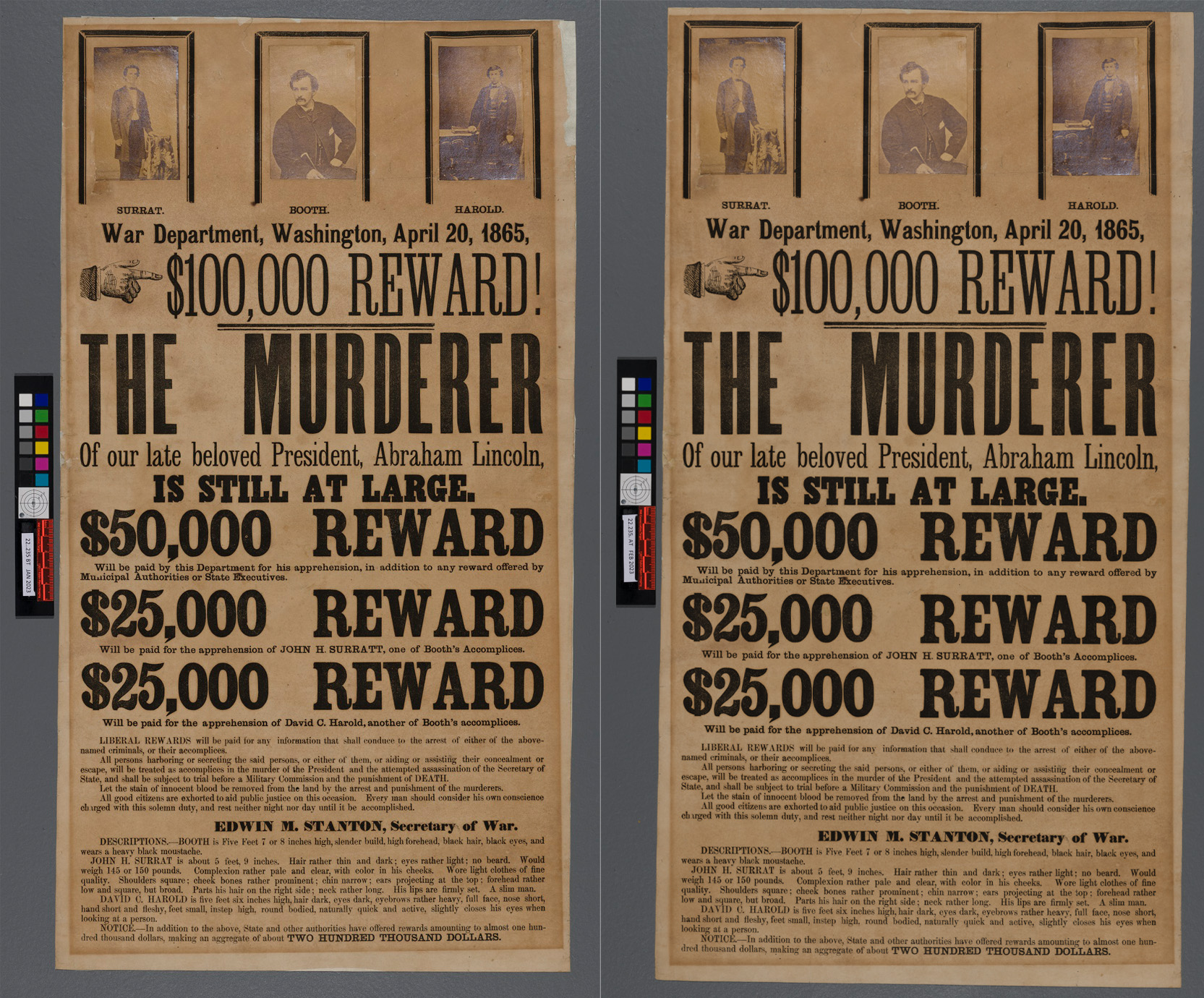before- and after-treatment reference photographs of an original John Wilkes Booth wanted poster