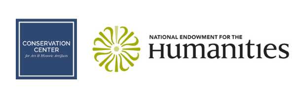 Two logos next to each other: one is a navy blue square with white text that reads "The Conservation Center for Art and Historic Artifacts"; the other features an ornate green symbol next to black text that says "National Endowment for the Humanities" 