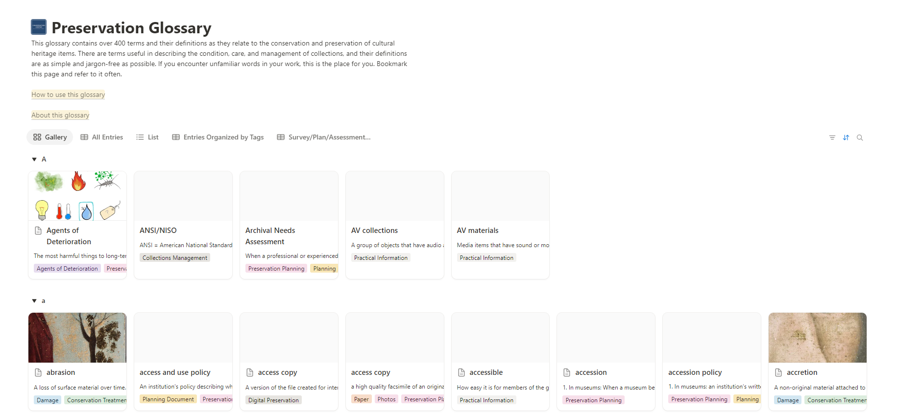 Gallery view of the Preservation Glossary.