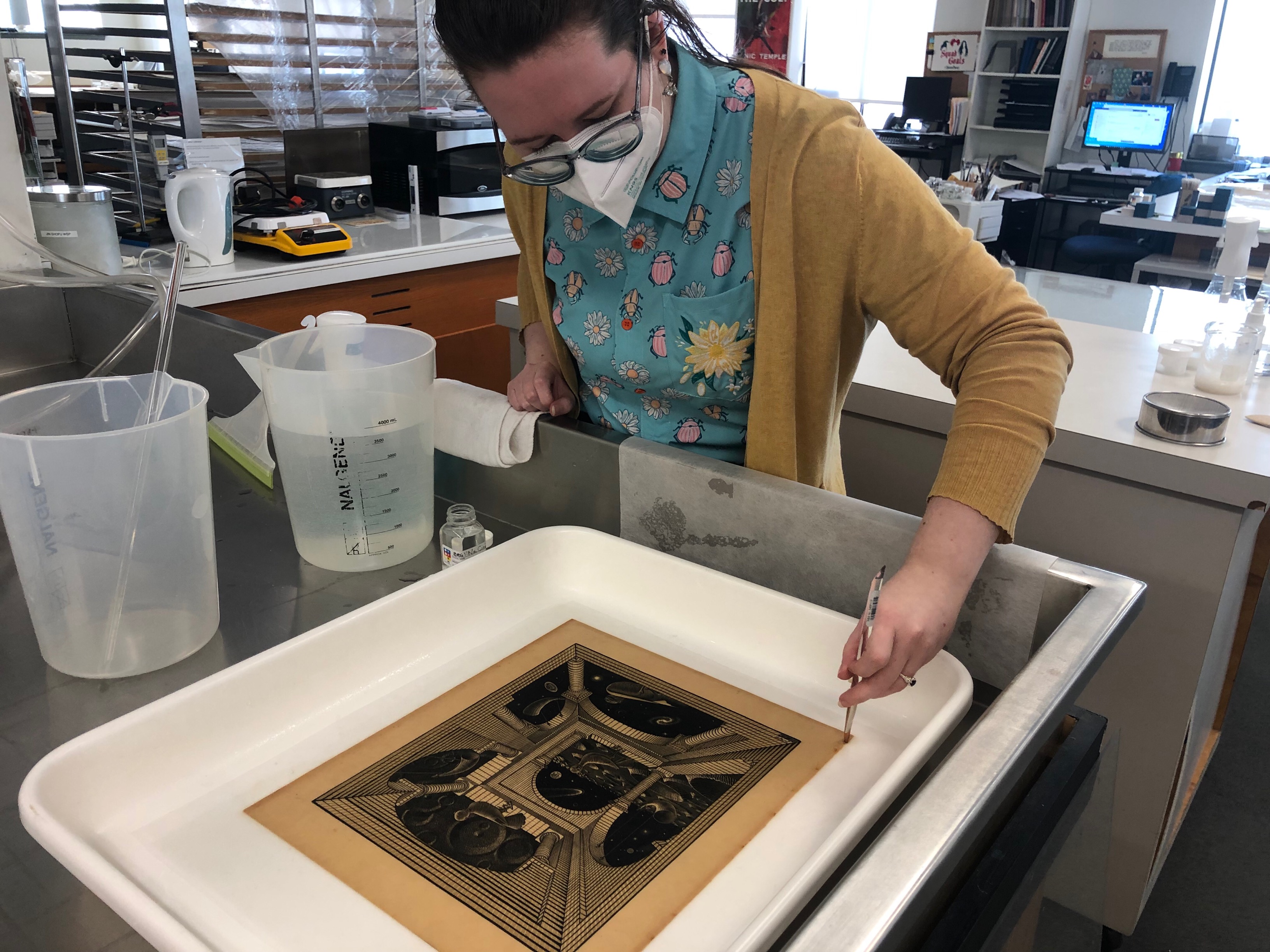 CCAHA Paper Conservator Chloe Houseman recently treated this 1947 print by M.C. Escher, who passed away 50 years ago this month. The piece, Another World II, expanded on Escher's Another World (Other World Gallery) from the previous year. 