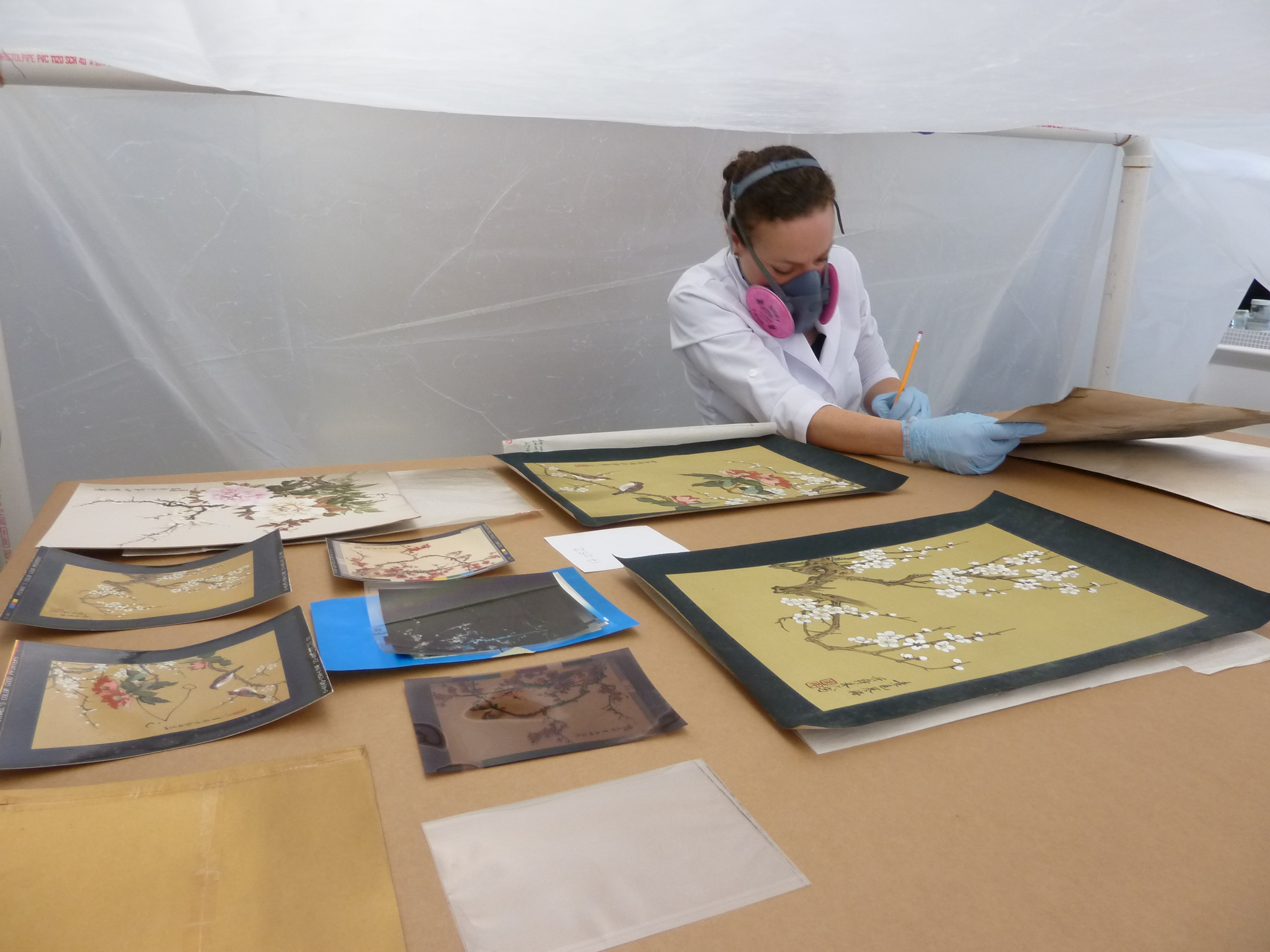 Gillian under fume hood with fire damaged paintings