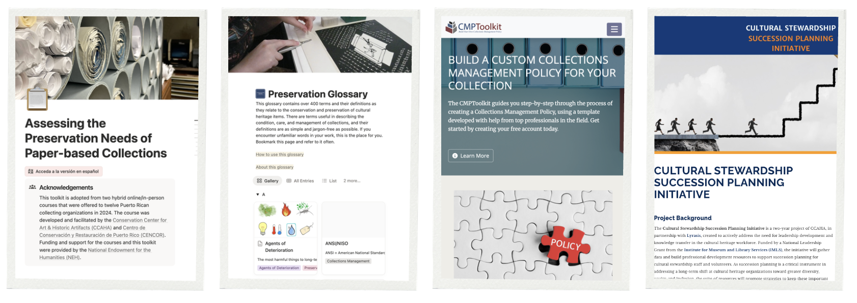 Screenshots of free tools that CCAHA offers including "Assessing the Preservation Needs of Paper-based Collections", the Preservation Glossary, the Collections Management Policy Toolkit, and Succession Planning resources.