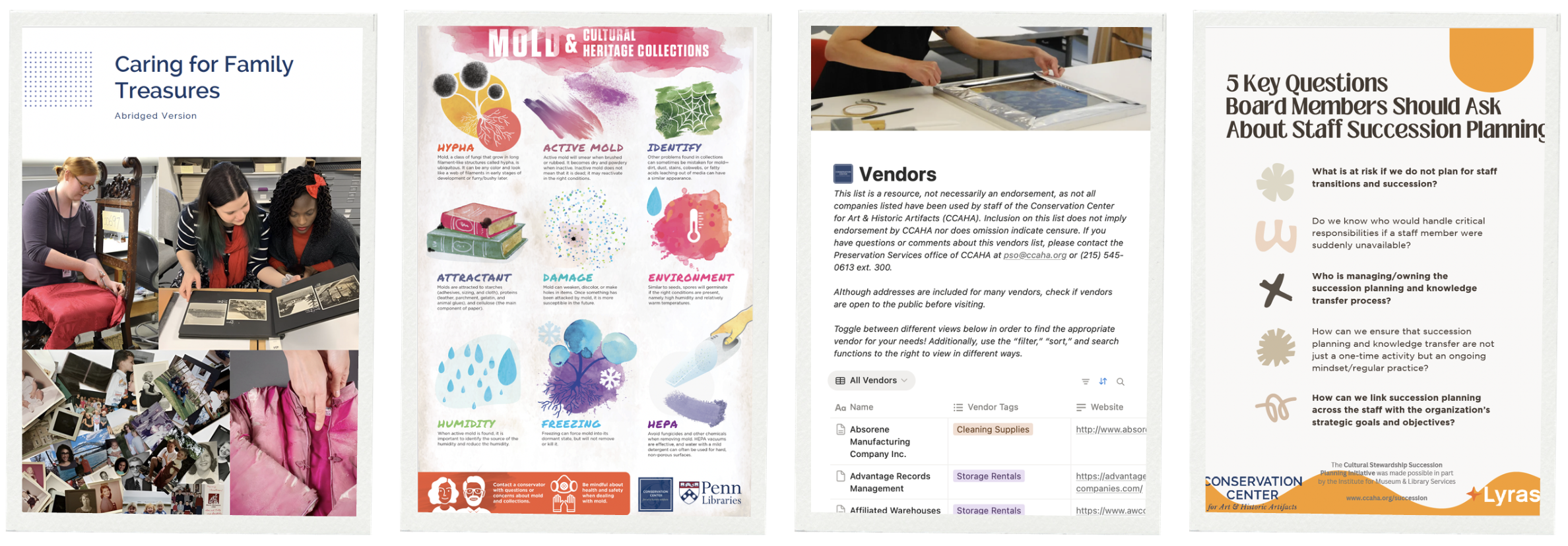 An array of CCAHA resources and technical bulletins, including a document on caring for family treasures, an infographic on mold, a vendors list, and a succession planning resource.