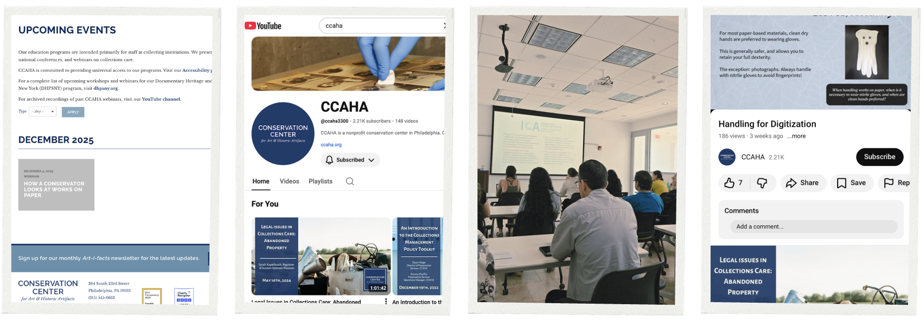 Screenshots and pictures of CCAHA's free education workshops, including CCAHA's Youtube, an in-person workshop in a classroom, and an events listing page.