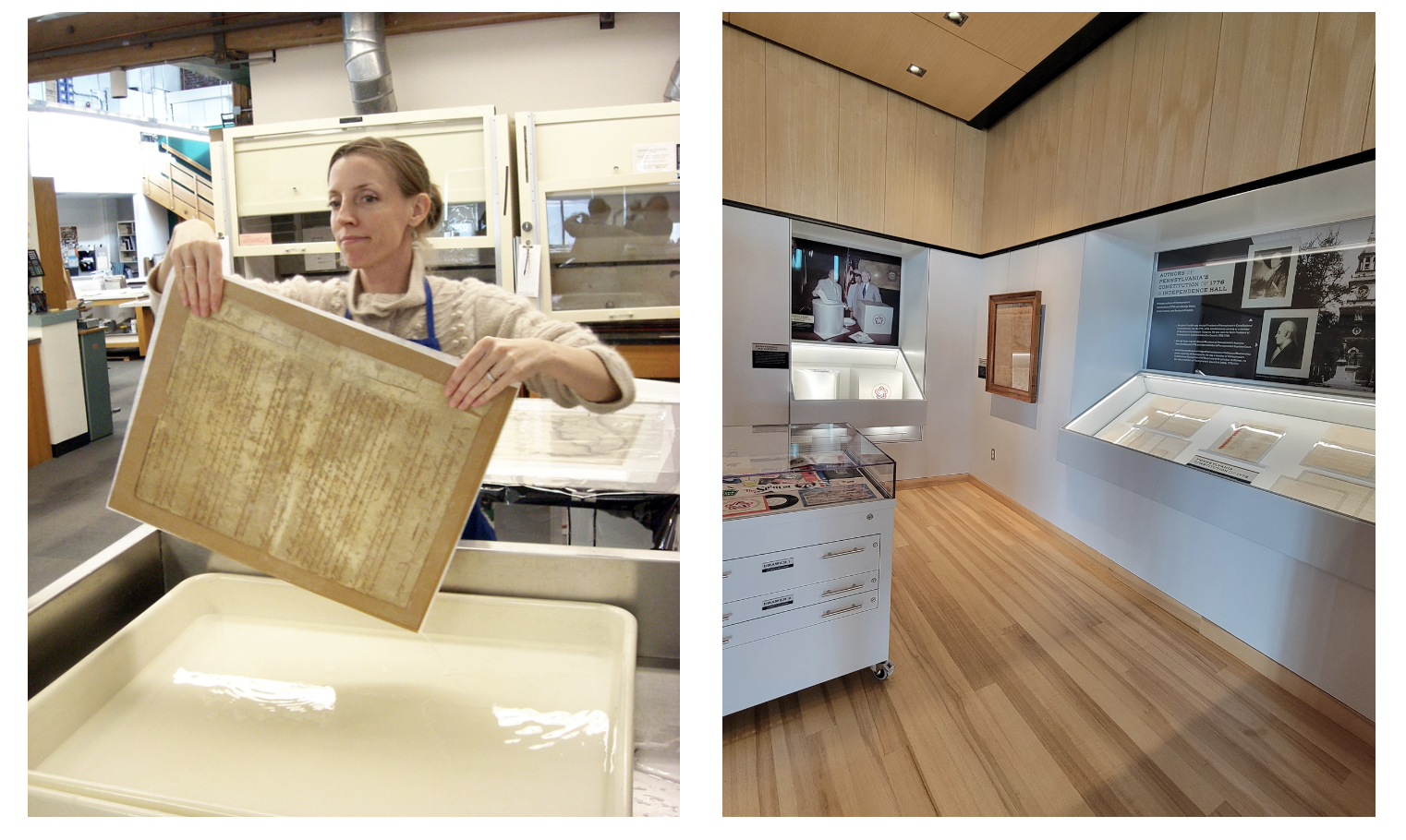 A split image showing a CCAHA conservator lifting a manuscript leaf of the 1776 Pennsylvania Constitution from an aqueous treatment bath (left) and the same document featured in a modern gallery display at the Pennsylvania State Archives (right).