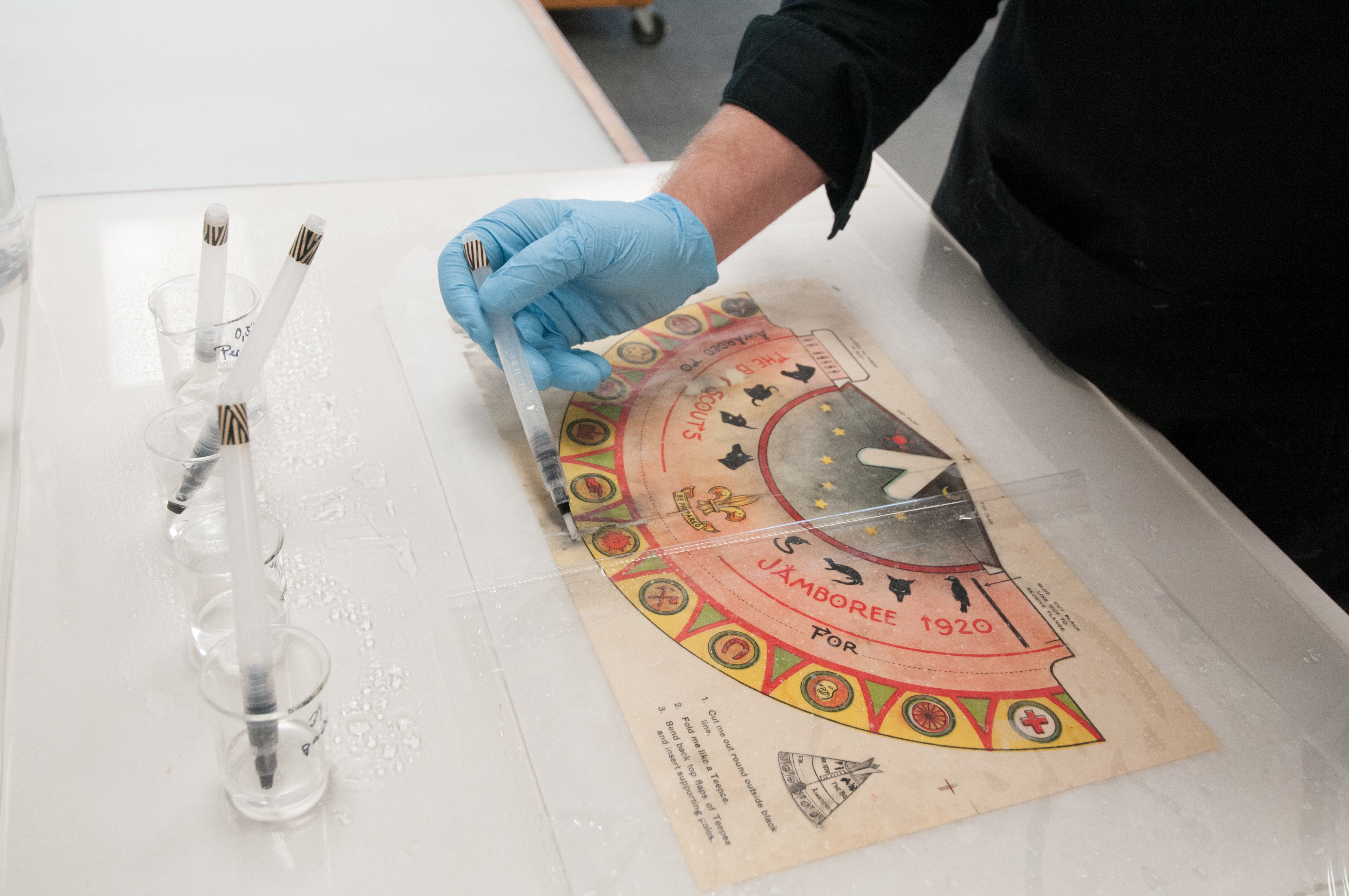 NEA Paper Conservation Fellow Benjamin Kirschner testing concentrations of hydrogen peroxide solution