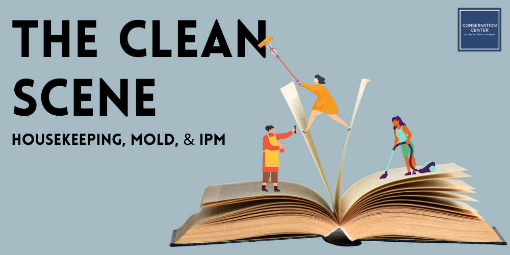 Logo: A book lies open against a gray background. Three cartoon figures of people stand on the pages, posing as if they are cleaning the book. Next to the image are the words "THE CLEAN SCENE: HOUSEKEEPING, MOLD & IPM" in large black letters. 