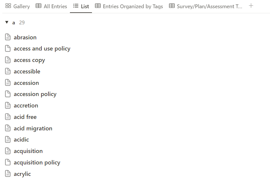 The list view of the Preservation Glossary