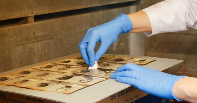 Cleaning a sheet of mugshot photographs