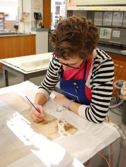 Conservator reduces stains on the portrait