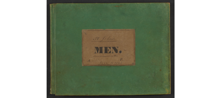 Cover of a speaking book, containing a catalog of male communicant members of the Moravian Church in St. John’s, Antigua, courtesy of the Moravian Archives, Bethlehem, PA