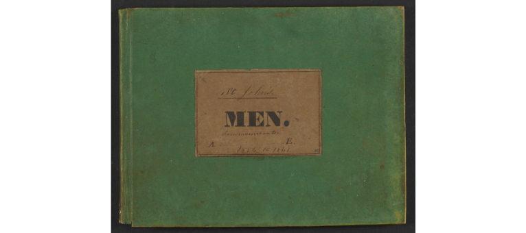 Cover of a speaking book, containing a catalog of male communicant members of the Moravian Church in St. John’s, Antigua, courtesy of the Moravian Archives, Bethlehem, PA