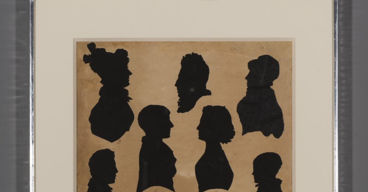 After-treatment reference photograph of a montage of silhouette portraits belonging to the Knox and Mason family of Knoxlyn, PA, c. late 1800s.