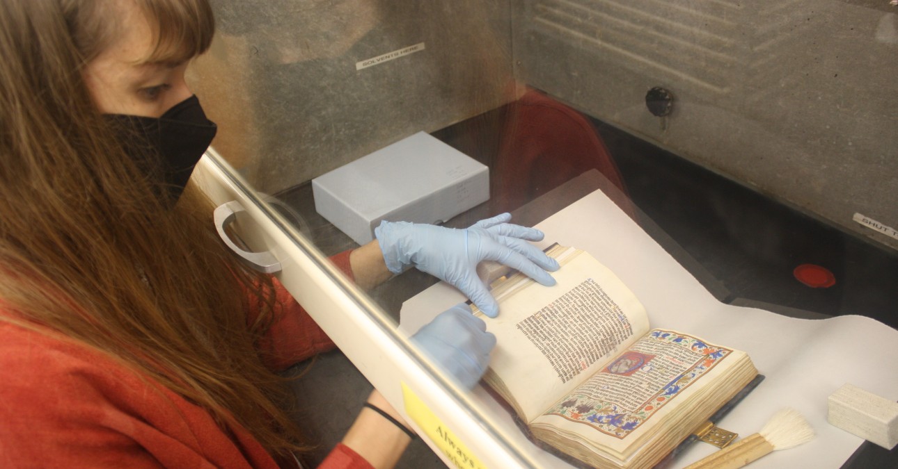 CCAHA Fellow Lydia Aikenhead treats an illustrated 15th century book of hours from the collection of a local client