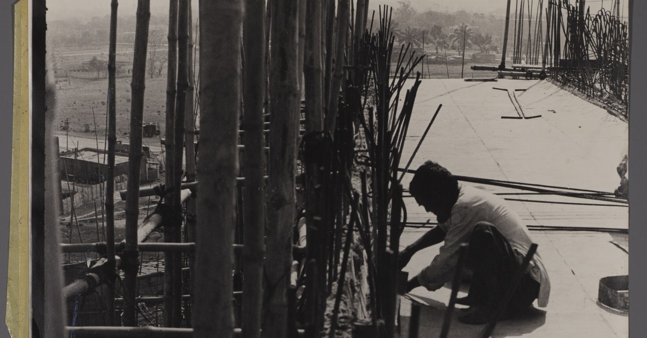 Detail of a single panel of Neil Thompson's Panorama of the National Assembly Building in Dhaka showing a man working