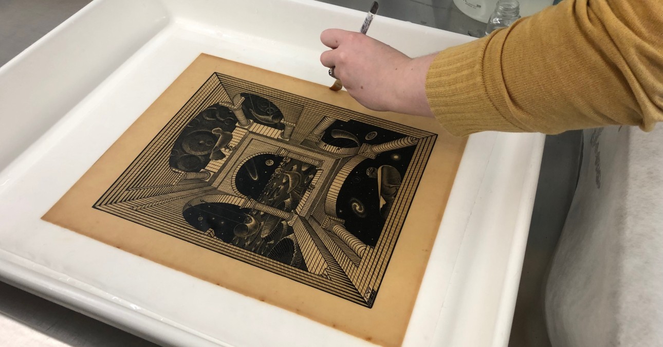 CCAHA Paper Conservator Chloe Houseman recently treated this 1947 print by M.C. Escher, who passed away 50 years ago this month. The piece, Another World II, expanded on Escher's Another World (Other World Gallery) from the previous year. 
