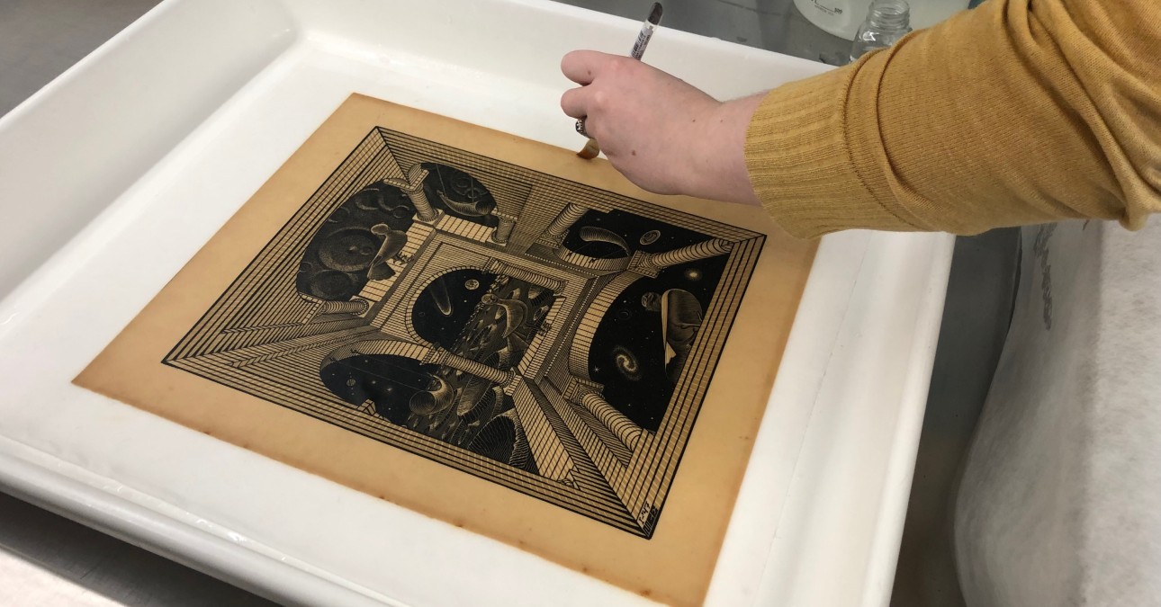 CCAHA Paper Conservator Chloe Houseman recently treated this 1947 print by M.C. Escher, who passed away 50 years ago this month. The piece, Another World II, expanded on Escher's Another World (Other World Gallery) from the previous year.