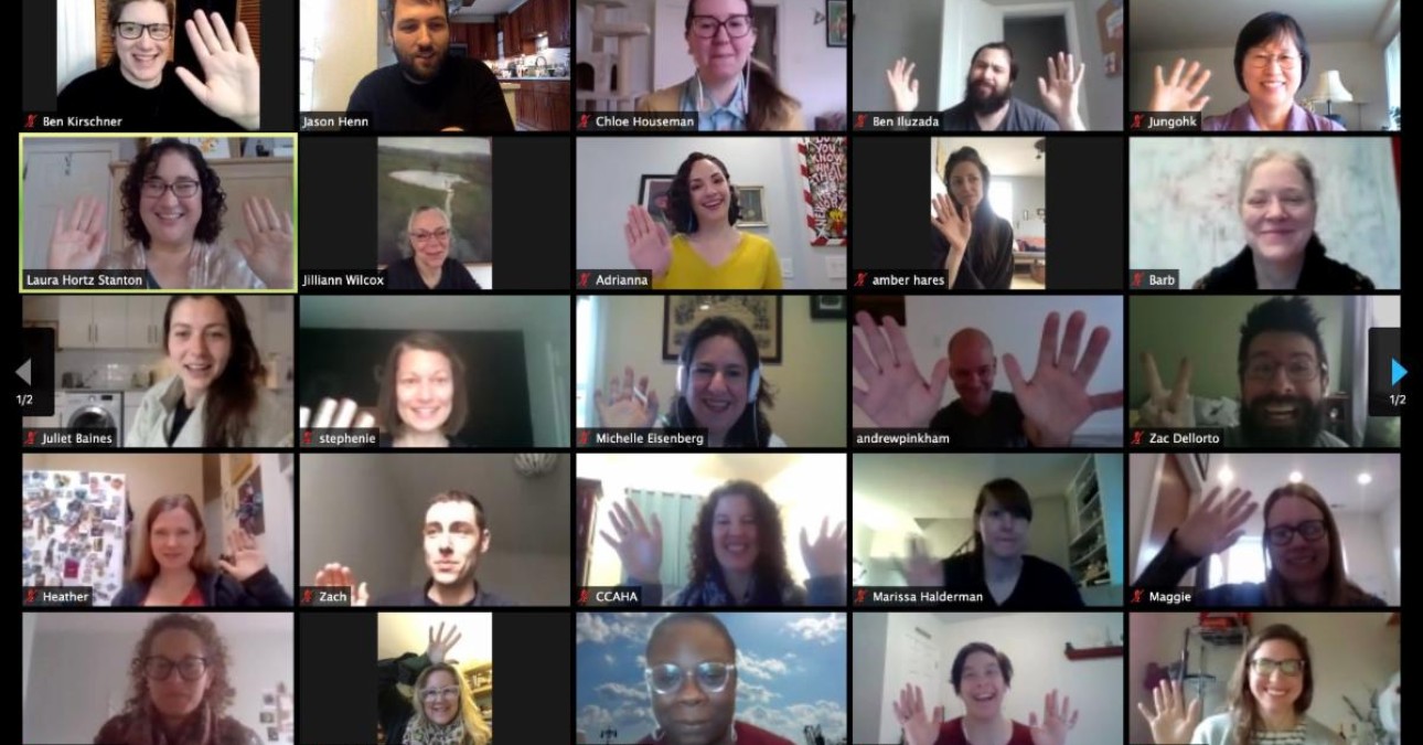 CCAHA staff members wave to the camera during our first-ever all-staff Zoom meeting, March 2020