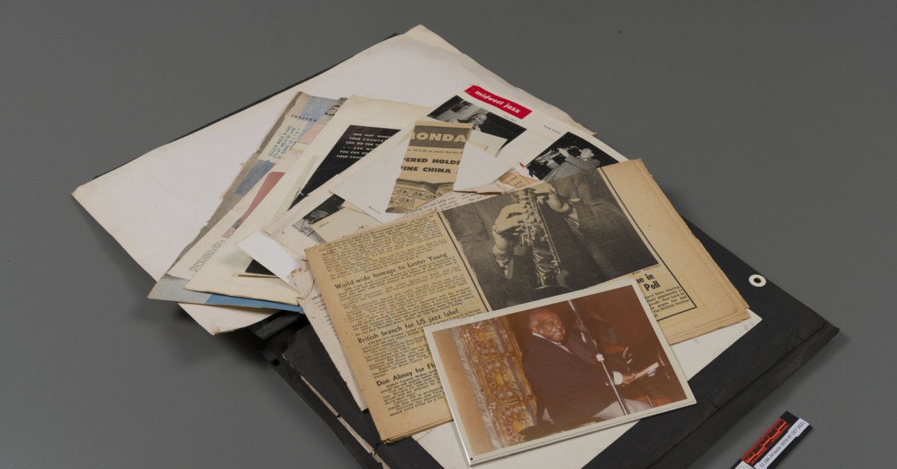 Montage of items from Count Basie's family scrapbooks