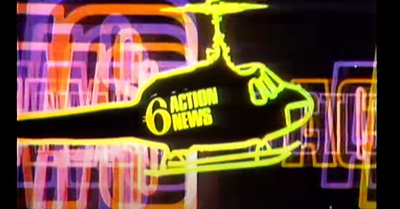 Still image of the 6abc Action News intro from the 1970s showing a retro line drawing of a news helicopter