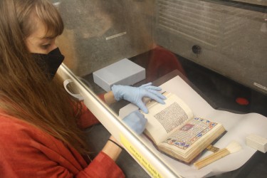 CCAHA Fellow Lydia Aikenhead treats an illustrated 15th century book of hours from the collection of a local client