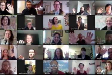 CCAHA staff members wave to the camera during our first-ever all-staff Zoom meeting, March 2020