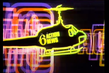 Still image of the 6abc Action News intro from the 1970s showing a retro line drawing of a news helicopter