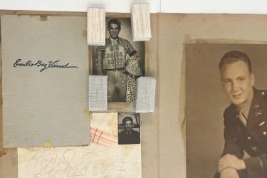 Photo scrapbook once belonging to architect Jack Pickens Coble showing wear and missing images.